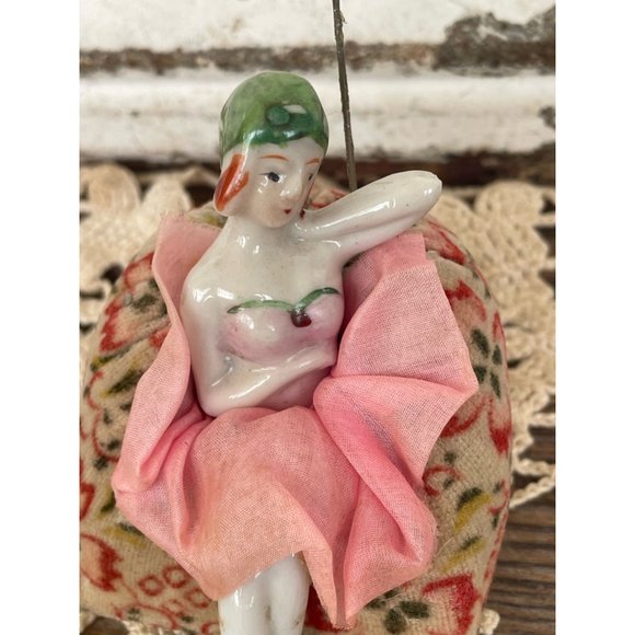 Antique Bathing Beauty Type pincushion Half Doll On Chair Legs out Japan - Picture 11 of 11